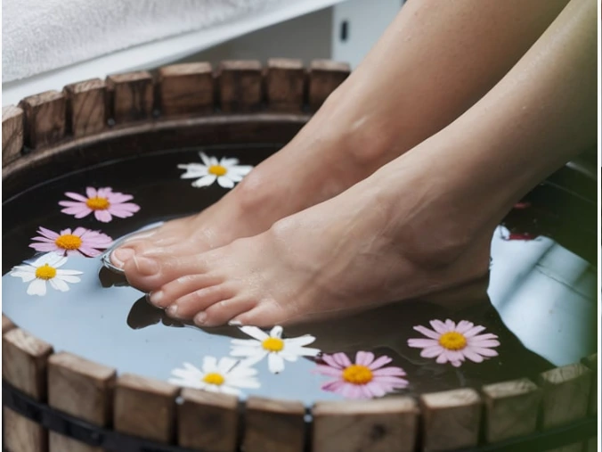 Voeten die weken in een voetenbad van een spa